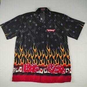 Las Vegas Mens Medium Button Up Shirt Black Red Flames Cards Dice Short Sleeve